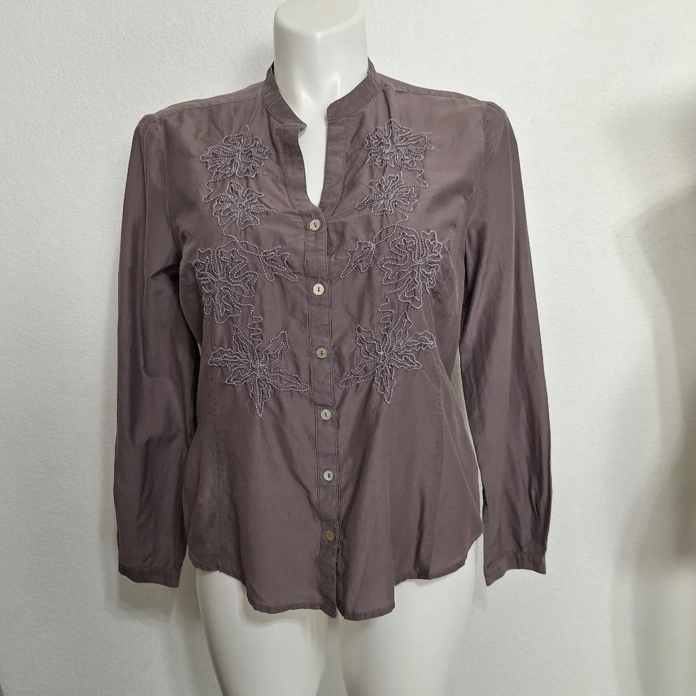 Laura Ashley Taupe/Gray Embroidered Bohemian Button Front Silk Blend Blouse *14